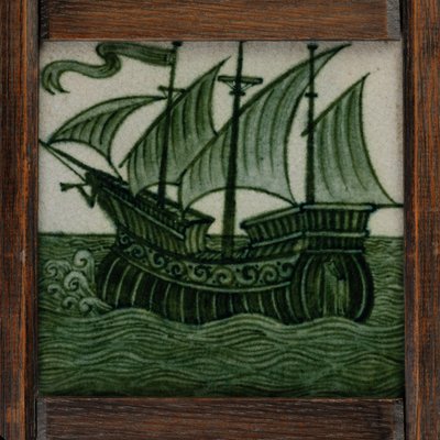 Panel de azulejos de barcos a toda vela, en marco, c.1865-80 (cerámica) de William de Morgan