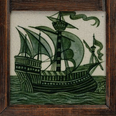 Panel de azulejos de barcos a toda vela, en marco, c.1865-80 (cerámica) de William de Morgan