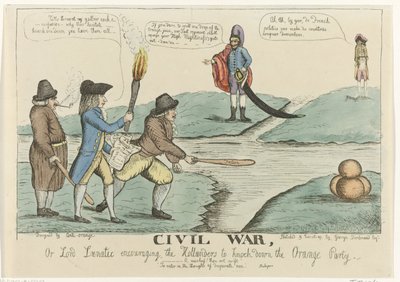 Engelse spotprent op de Nederlandse burgertwisten, 1787
La guerra civil, o Lord Lunatic animando a los holandeses a derribar el Partido Naranja (título en el objeto) de William Dent