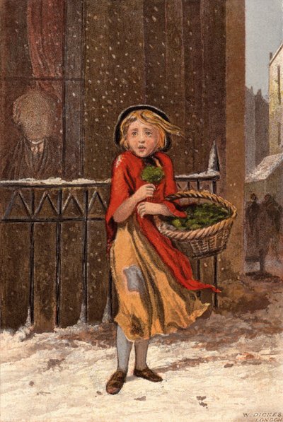 Pobre chica vendiendo berros en una calle nevada (chromolitho) de William Dickes