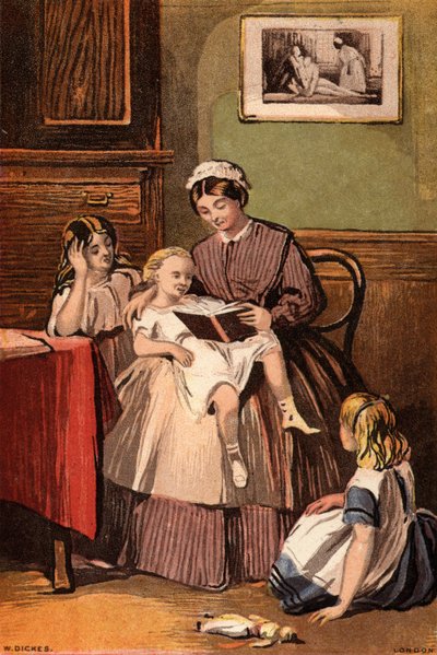 El amable sirviente: una doncella leyendo a niños pequeños (chromolitho) de William Dickes