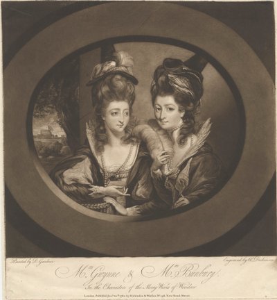 La Sra. Gwynne y la Sra. Bunbury en los personajes de las Alegres comadres de Windsor de William Dickinson