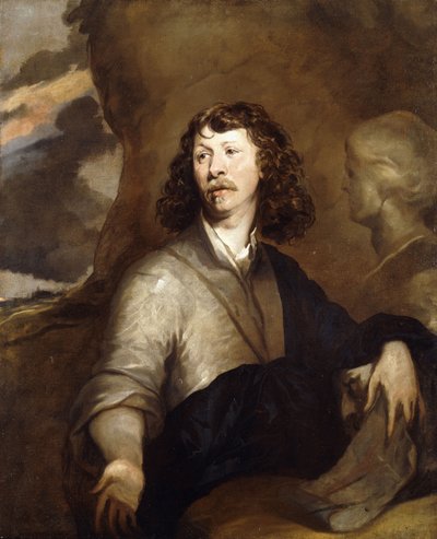 Retrato de un caballero, posiblemente el artista, medio cuerpo, con una capa marrón y un abrigo azul, junto a un busto de mármol, en un paisaje rocoso de William Dobson