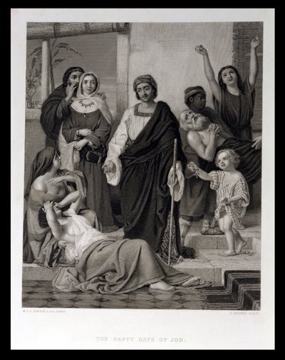 Los días felices de Job, grabado por H. Bourne de William Dobson