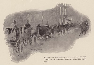 "Por la noche, en la estación, es un espectáculo ver la larga fila de carruajes, ordenadamente dispuestos, esperando" (grabado) de William Douglas Almond