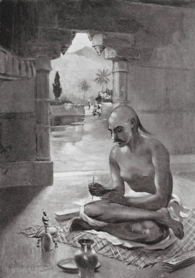 Kalidasa escribiendo "El mensajero de las nubes", 375 d.C. (litografía) de William Douglas Almond