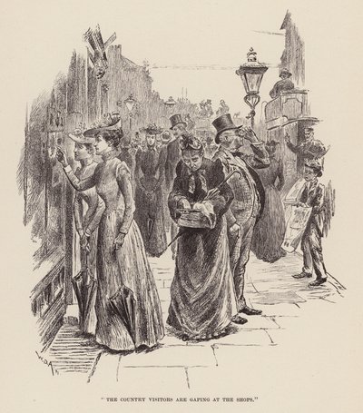 "Los visitantes del campo se quedan boquiabiertos ante las tiendas" (grabado) de William Douglas Almond