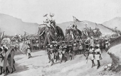 Vikramaditya Gupta va a la guerra, 395 d.C. (litografía) de William Douglas Almond