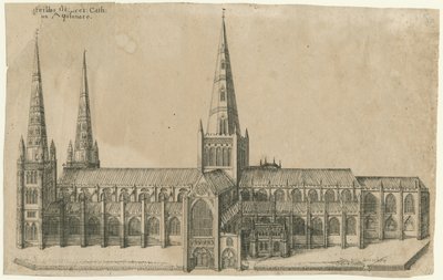 Catedral de Lichfield - Vista Sur: grabado en placa de cobre de William Dugdale