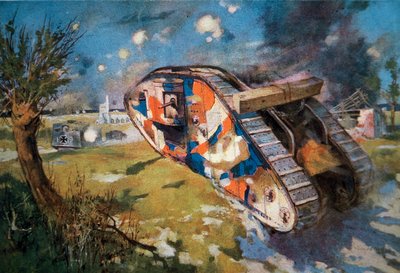 Tanque británico Mk IV camuflado en acción contra un tanque alemán en la Primera Guerra Mundial, ilustración publicada en 