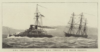 HMS Devastation remolcando HMS Thetis al Puerto de Malta de William Edward Atkins