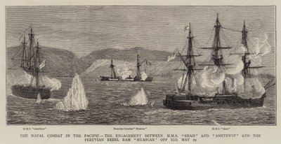 El combate naval en el Pacífico, el enfrentamiento entre el HMS Shah y Amethyst y el ariete rebelde peruano Huascar frente a Ilo, 29 de mayo de William Edward Atkins