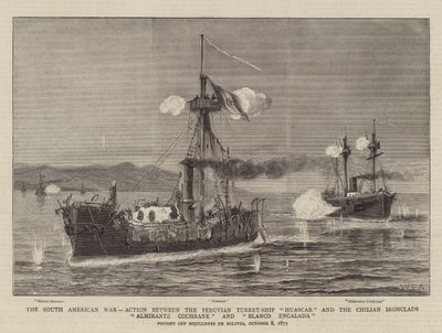 La guerra sudamericana, acción entre el buque torreta peruano Huascar y los acorazados chilenos Almirante Cochrane y Blanco Encalada de William Edward Atkins