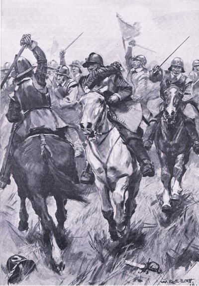 El conflicto de caballería en Dunbar, 3 de septiembre de 1650, ilustración de British Battles on Land and Sea, 1915 de William Edward Stott