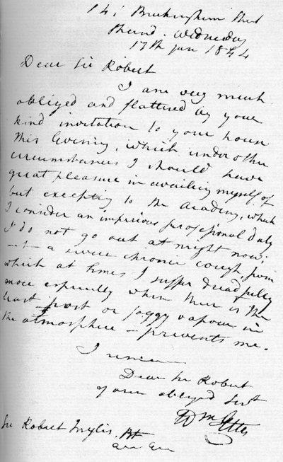 Una carta de William Etty, 17 de enero de 1844 de William Etty