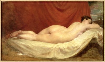 Desnudo acostado en un sofá contra una cortina roja de William Etty