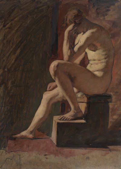 Desnudo Masculino Sentado, Cabeza apoyada en la Mano, Pie izquierdo apoyado en un Bloque de William Etty