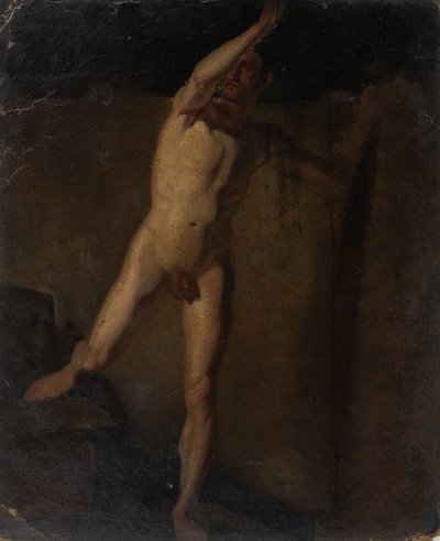 Desnudo masculino de pie, brazo derecho levantado, pie derecho apoyado en bloques de William Etty
