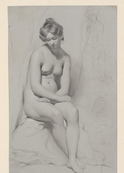 Modelo femenino desnudo sentado con peinado alto, esbozado de nuevo junto a él de William Etty