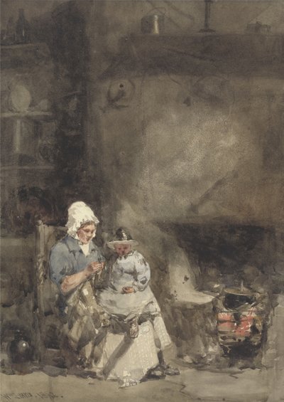Una mujer y un niño junto a una chimenea, 1842 de William Evans