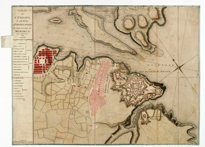 Plano del castillo de San Felipe y fortificaciones en la isla de Menorca de William Faden