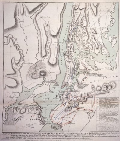 Plano de la Isla de Nueva York con Parte de Long Island, Staten Island y Este de Nueva Jersey y el Compromiso en las Alturas Boscosas de Long Island entre las Fuerzas Británicas, bajo el mando del General Sir William Howe de William Faden