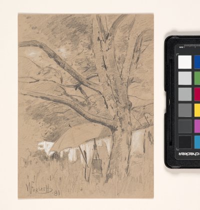 Paisaje con caballete y sombrilla (lápiz realzado con blanco sobre papel canela) de William Forsyth