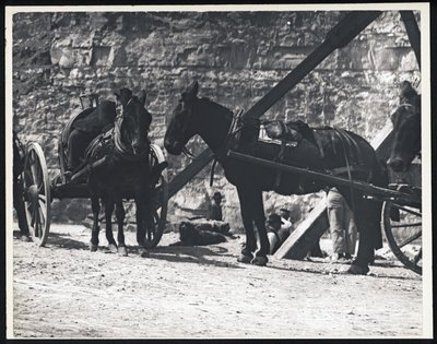Fotografía horizontal en blanco y negro de dos carros tirados por caballos en una cantera de William G. Swekosky