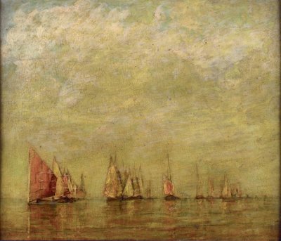 Barcos venecianos reflejándose en el mar en calma. Óleo sobre madera de William Gedney Bunce