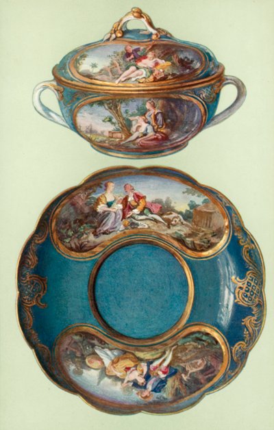 Ecuelle y Soporte, Sèvres, Azul Turquesa, con Paneles después de Boucher de William Gibb