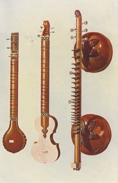 Instrumentos musicales: Sitars y Vina (litografía en color) de William Gibb