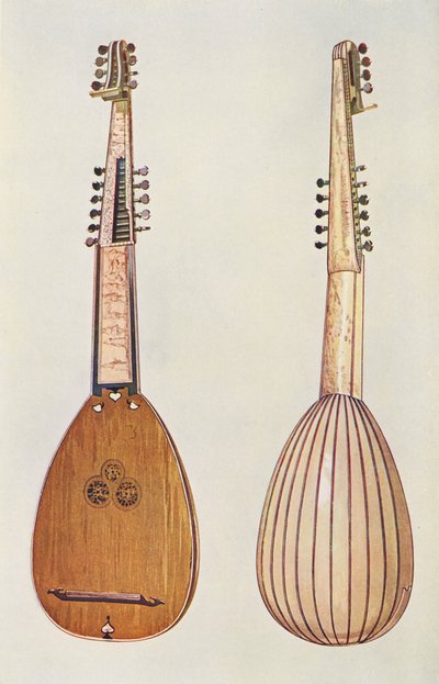 Instrumentos musicales: Tiorba (litografía en color) de William Gibb