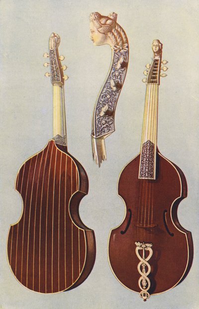 Instrumentos musicales: Viola da gamba (litografía en color) de William Gibb