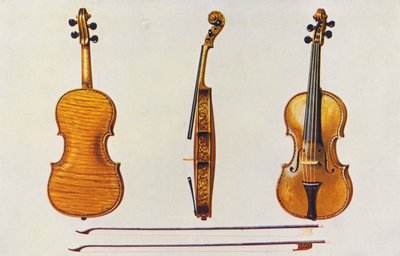 Instrumentos musicales: Violín, el Stradivarius de Hellier, y dos arcos antiguos que destacan por el estriado (litografía en color). de William Gibb