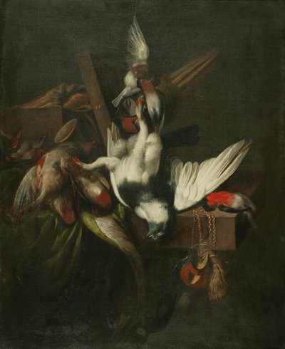 Bodegón con paloma muerta, pinzones y capirotes de halcón (óleo sobre lienzo) de William Gowe Ferguson