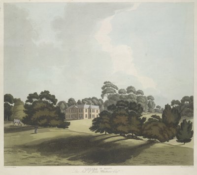 Figuras y un caballo en un parque; Vinters House en el centro; árboles por toda la escena de William Green