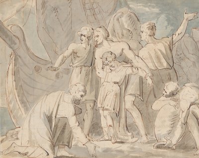 Asunto histórico con hombres y un niño cerca de un barco de William Hamilton