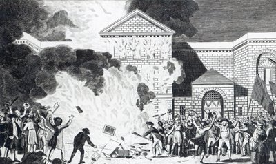 Las devastaciones ocasionadas por los alborotadores de Londres incendiando la nueva cárcel de Newgate y quemando los muebles del Sr. Akerman, 6 de junio de 1780, grabado por T. Thornton de William Hamilton