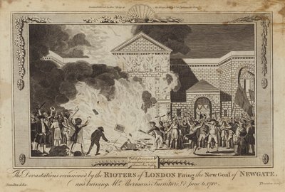 Las devastaciones ocasionadas por los alborotadores de Londres incendiando la nueva cárcel de Newgate de William Hamilton