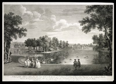 Vista del lago desde el paseo central en el jardín de West Wycombe, Buckinghamshire, grabado por William Woollett de William Hannan