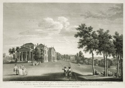 Vista de la casa y parte del jardín en West Wycombe, Buckinghamshire, grabado por William Woollett (1735-85) de William Hannan
