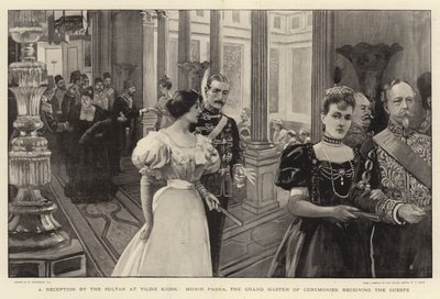 Una recepción por el Sultán en Yildiz Kiosk, Munir Pasha, el Gran Maestro de Ceremonias, recibiendo a los invitados de William Hatherell