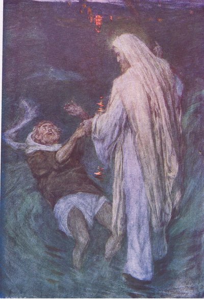 Cristo caminando sobre el mar, de La Historia de la Biblia publicada por Hodder & Stoughton, c.1930 de William Hatherell