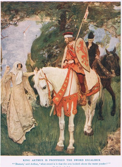El Rey Arturo recibe la espada Excalibur, ilustración de 