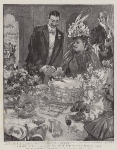 El matrimonio de Madame Patti, la novia cortando el pastel de bodas de William Hatherell