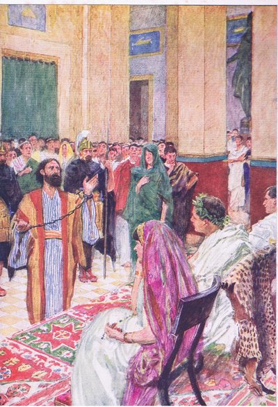 Pablo ante Agripa, de La Historia de la Biblia publicada por Hodder & Stoughton, c.1930 (litografía en color) de William Hatherell