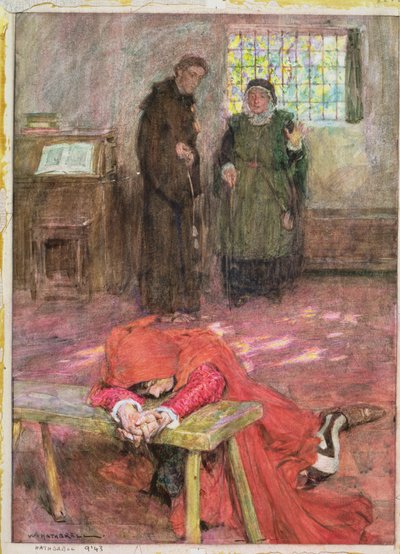 Romeo en la celda de Fray Lorenzo, ilustración de "Romeo y Julieta" Acto III, Escena 3 de William Hatherell