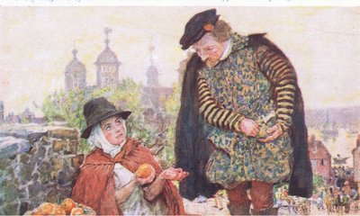 Shakespeare compra una naranja a una mujer en Tower Hill, de My Magazine, pub.1922 de William Hatherell