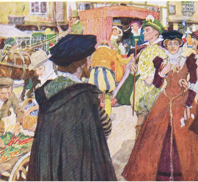 Shakespeare observa las modas tontas de los petimetres en Ludgate Hill, de My Magazine, pub.1922 de William Hatherell
