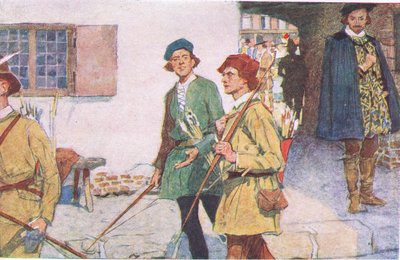 Shakespeare ve a un grupo de aprendices con sus arcos y flechas yendo a los campos de tiro en Moorfields, de My Magazine, pub.1922 de William Hatherell